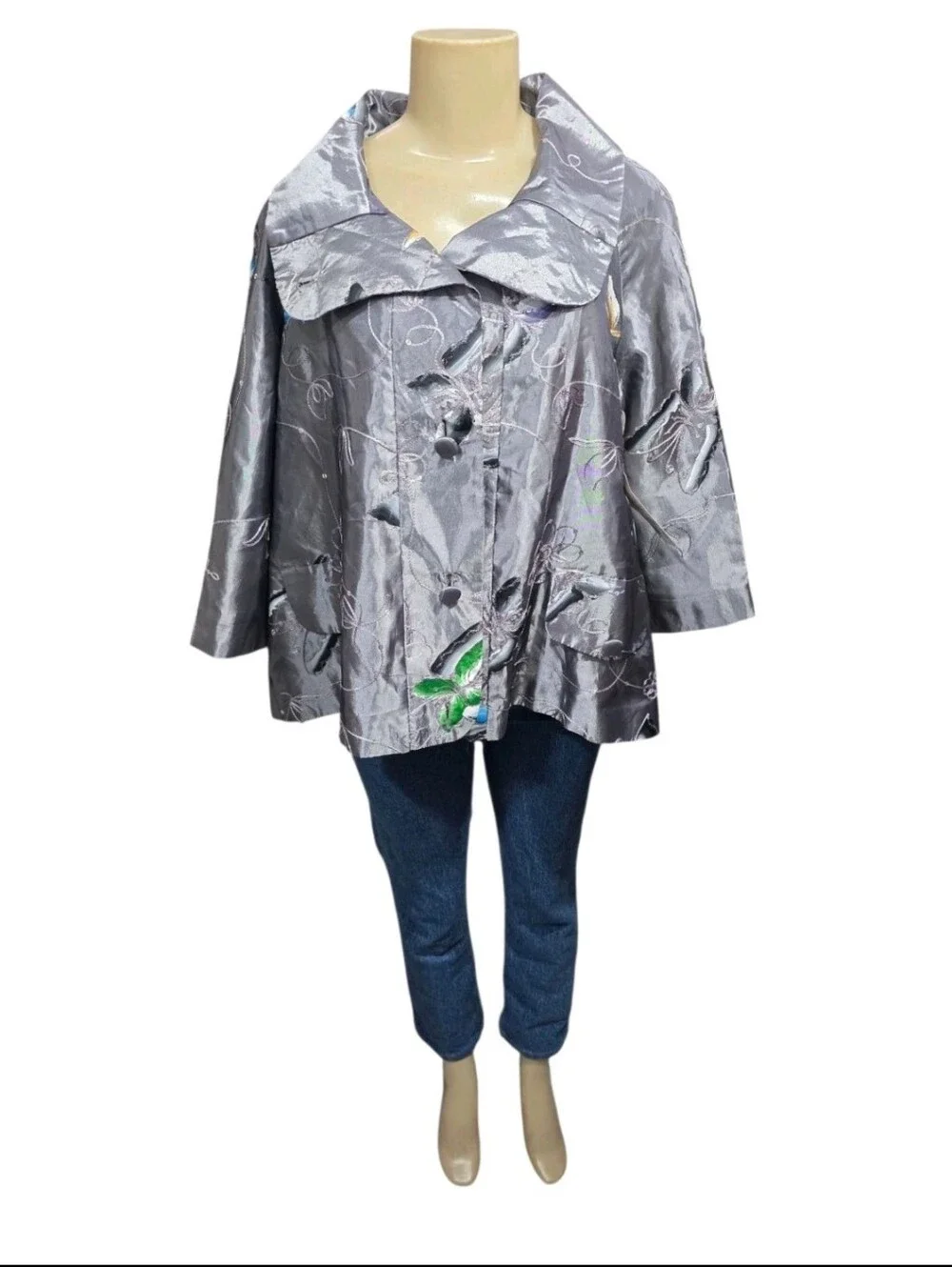 NWT Patchington Butterfly Embroidered Sequin Jacket M Gray Metallic Art Wear